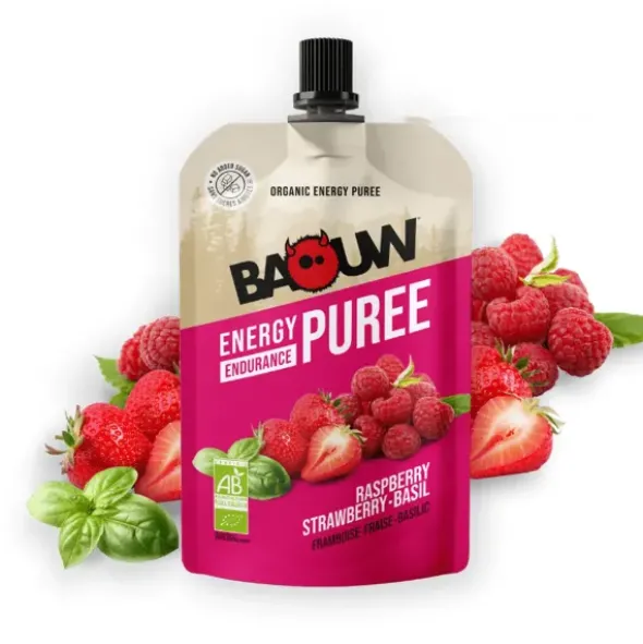 Compote énergétique bio Baouw - Framboise, fraise, basilic