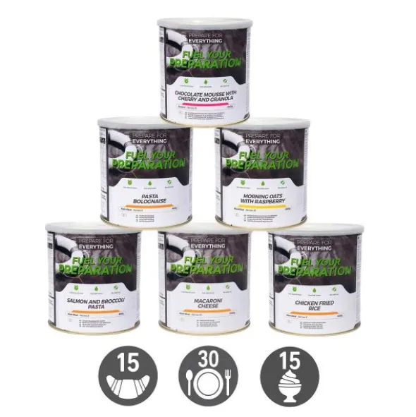 Pack Survie 15 jours - 15 Petits-déjeuners, 30 repas, 15 desserts - Stockage 25 ans
