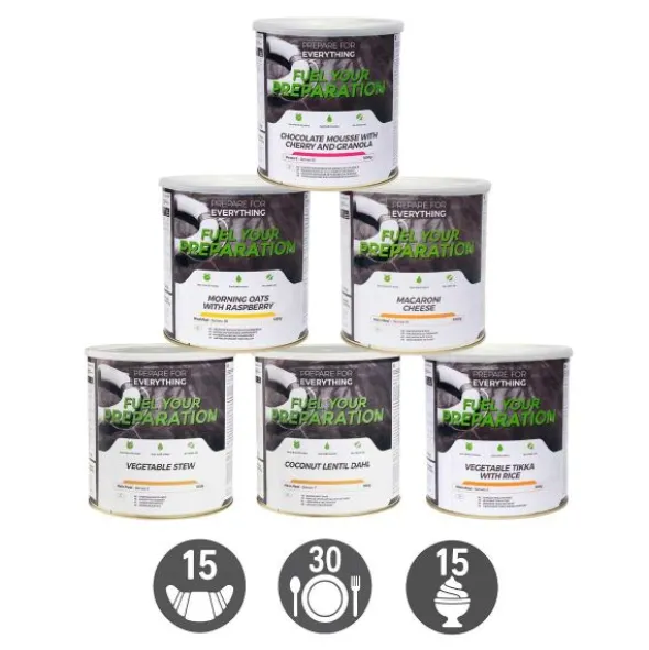 Pack Survie 15 jours végétarien - 15 petits déjeuners, 30 repas, 15 desserts - Stockage 25 ans