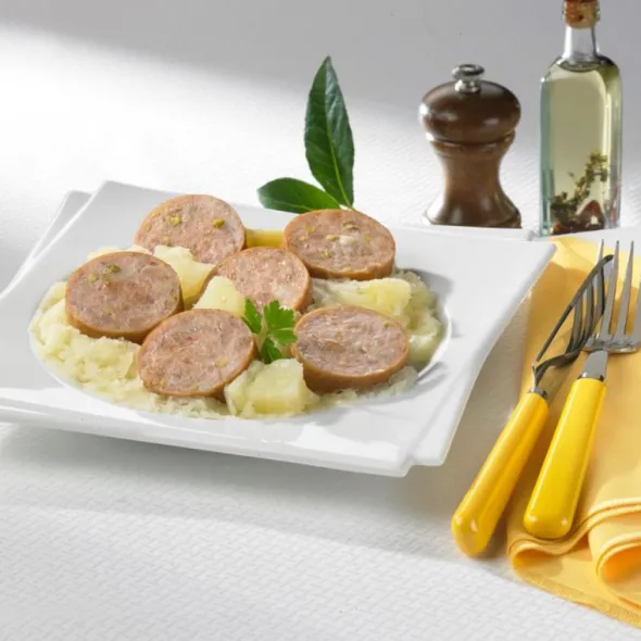 Purée et saucisse à la pistache
